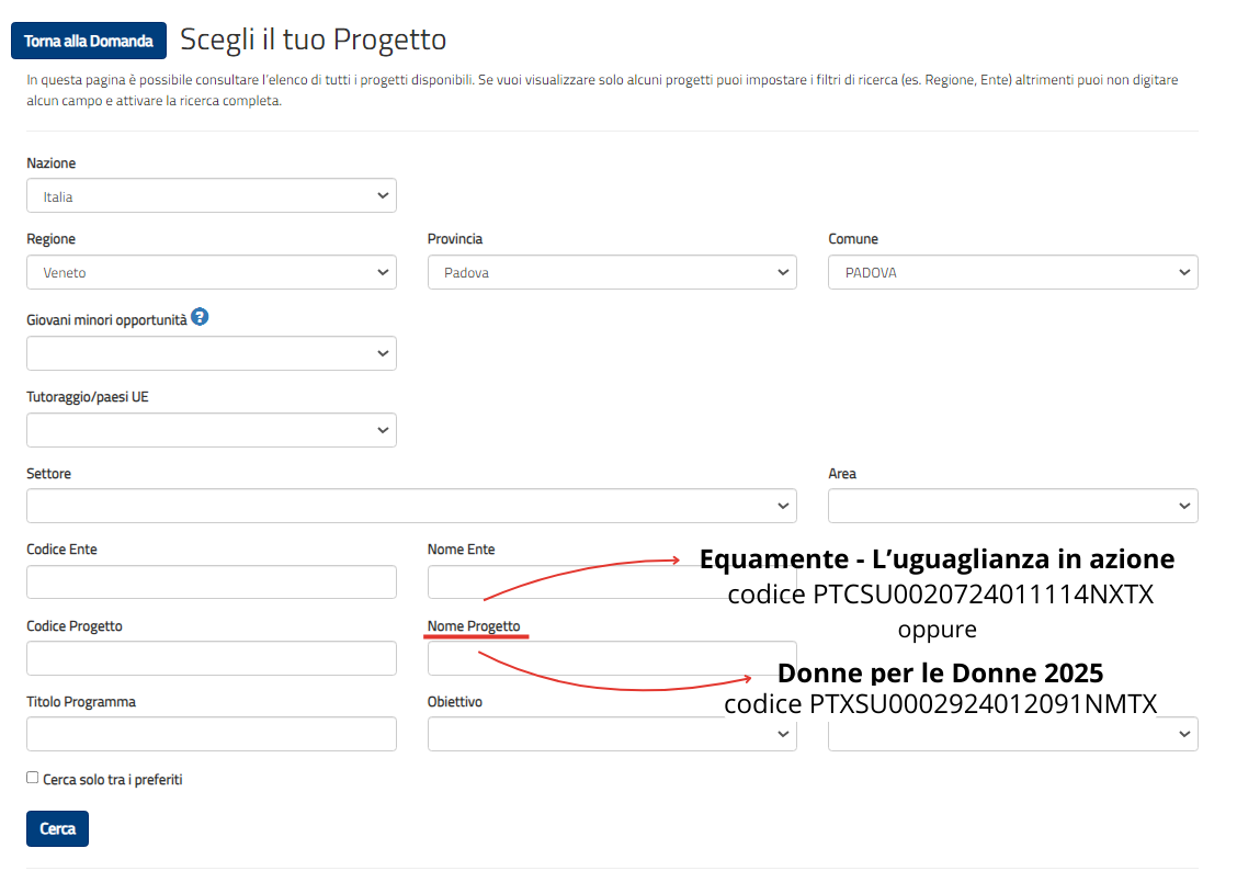 screen domanda scu 2025 codici